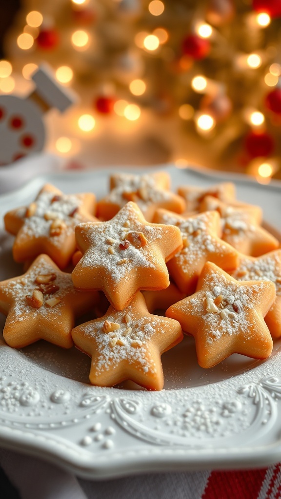 A plate of golden Korean Christmas cookies dusted with powdered sugar, garnished with nuts, in a festive holiday setting.